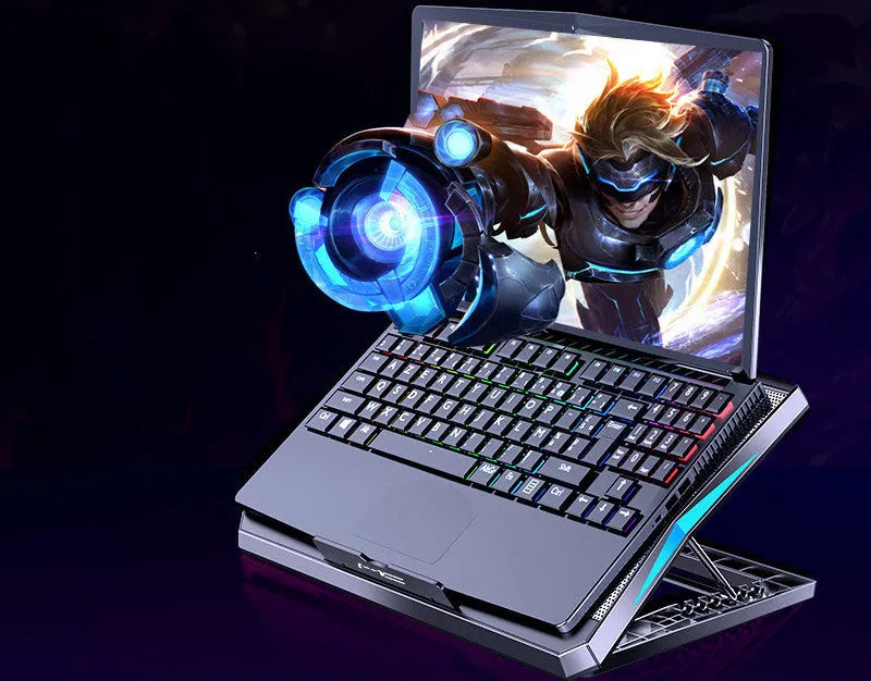 Black laptop cooling base with metal mesh surface and six fans on a desk