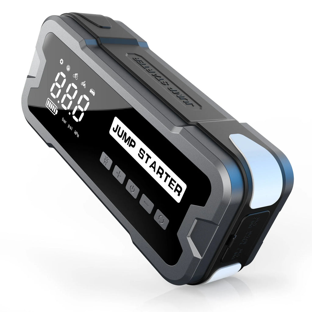 CY53 black portable car jump starter and tyre inflator unit with digital screen display