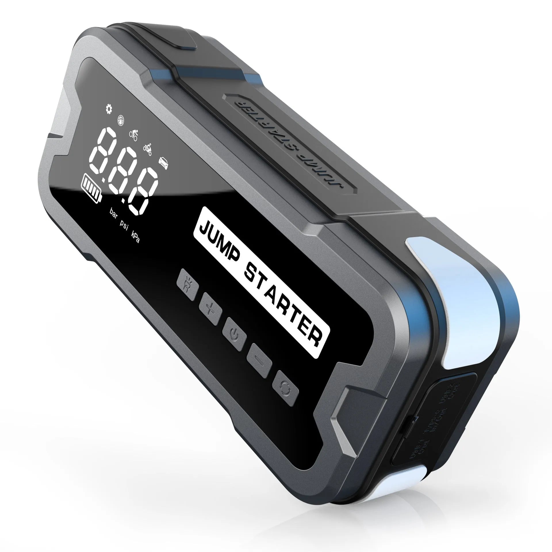CY53 black portable car jump starter and tyre inflator unit with digital screen display