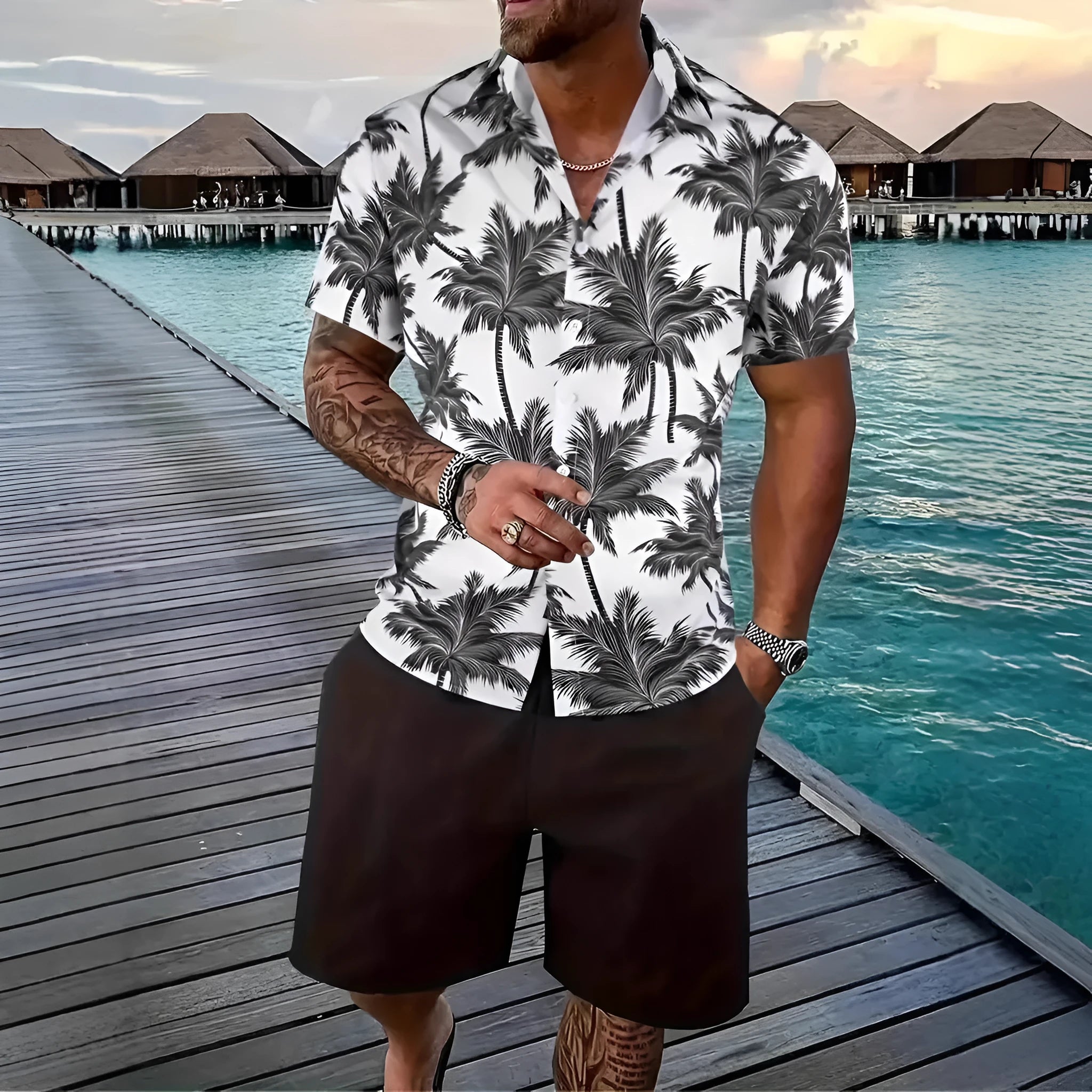 Men's Hawaiian 3D printed short sleeve shirt and matching shorts leisure set in a floral print.
