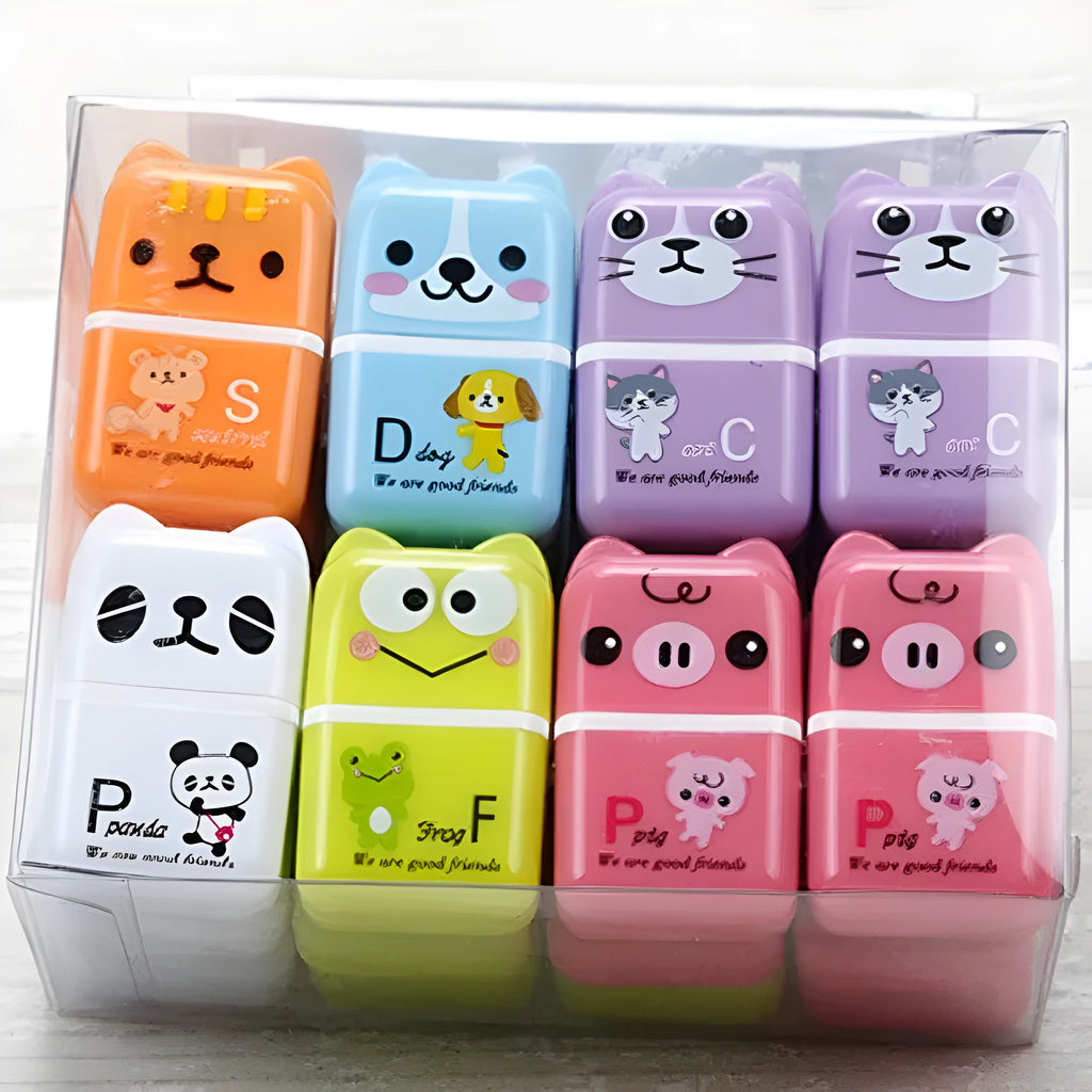 Pack of six cute cartoon animal erasers in mixed colours on a light background