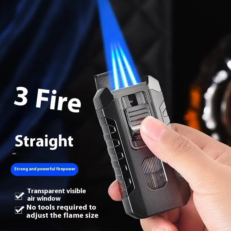 Metal three-fire straight blue flame cigar lighter in black with wind-resistant design