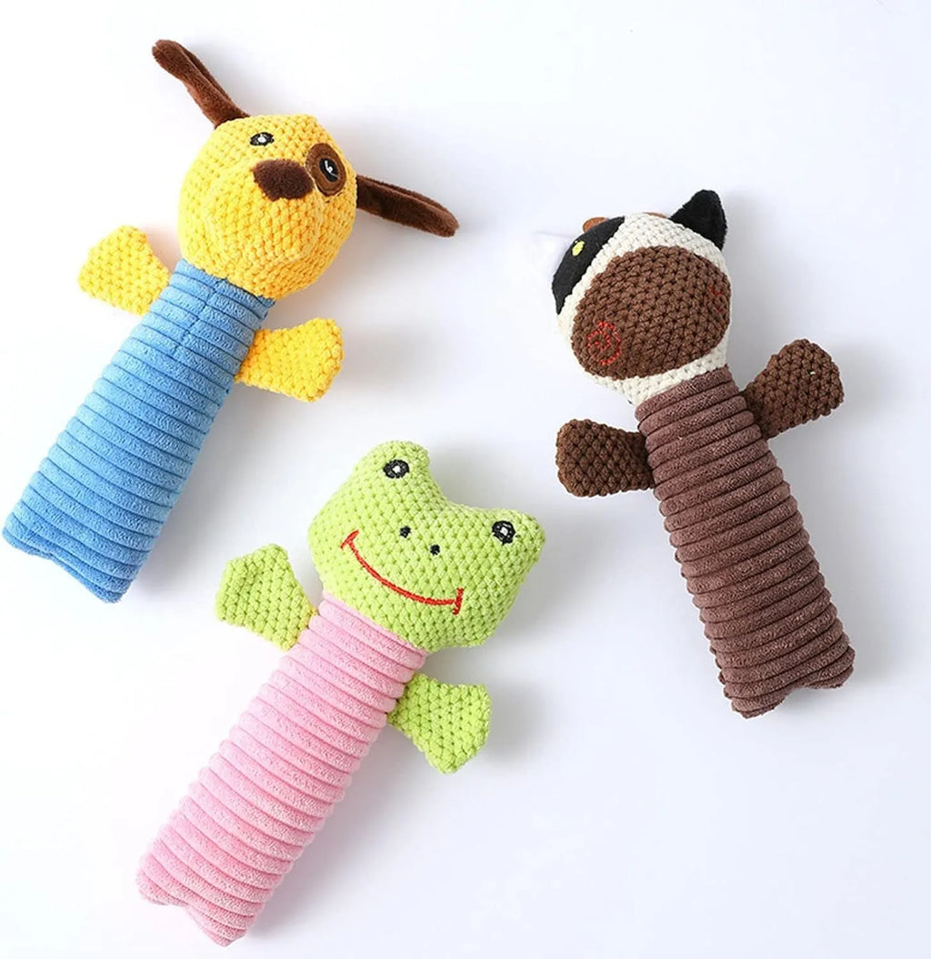 Dog squeaky chew toy in stuffed animal shape for dental cleaning, 19cm long