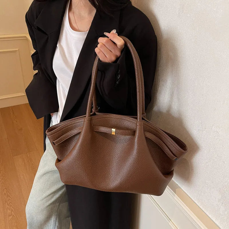 Large capacity one-shoulder underarm bag in beige, square vertical shape with sandwich pocket and sewing thread detail