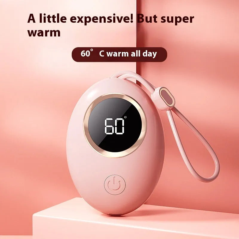 A digital display hand warmer power bank in a choice of colours, showing its USB port.