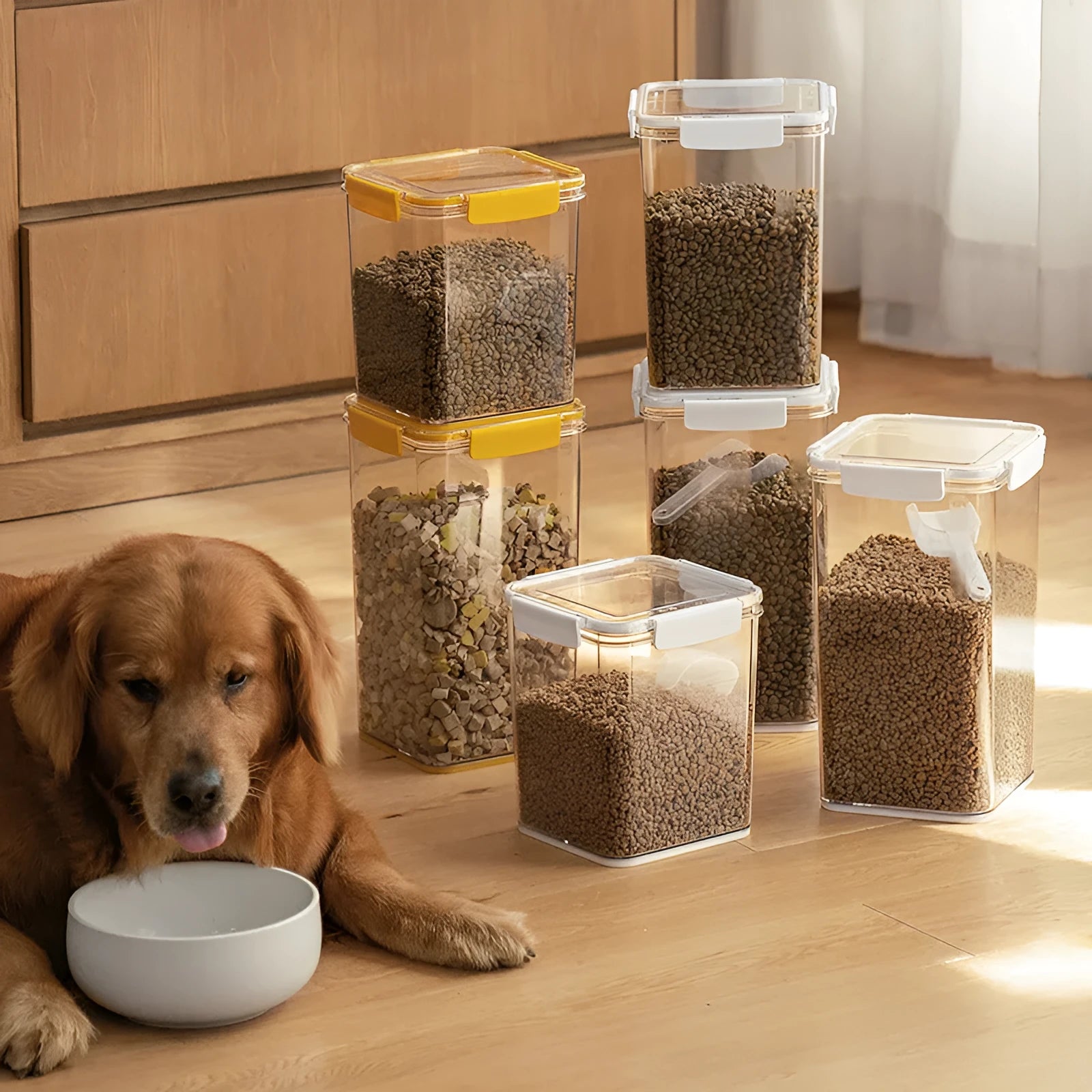 White sealed pet food storage bucket with silicone lid and a yellow plastic scoop inside