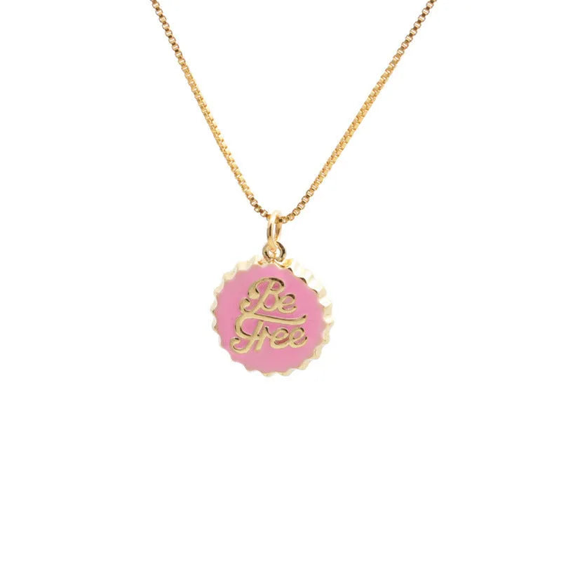 Copper Be Free bottle cap pendant necklace with a gold-plated finish on a 40cm box chain.
