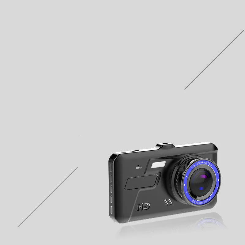 Black front and rear dual lens car dash cam with 4.0 inch touch screen display