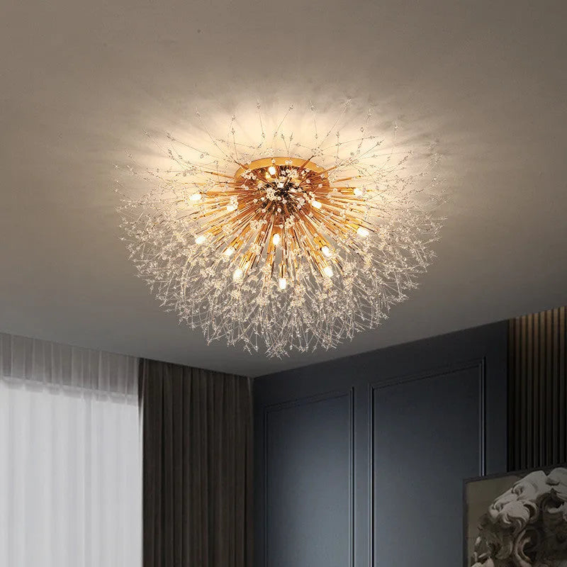 Dandelion pattern crystal ceiling lamp with wrought iron frame and chrome finish