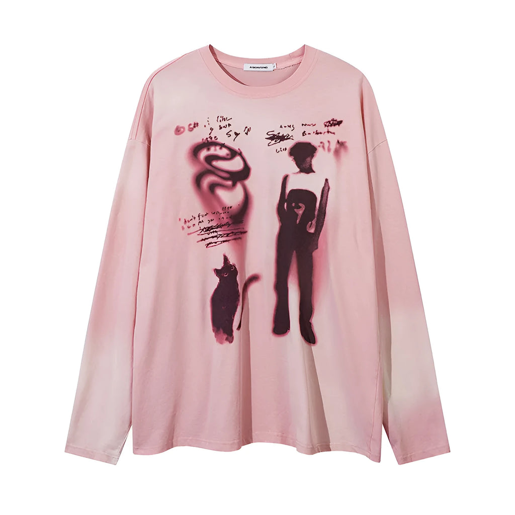 Women's dark grey loose-fit cotton pullover top with drop-shoulder long sleeves