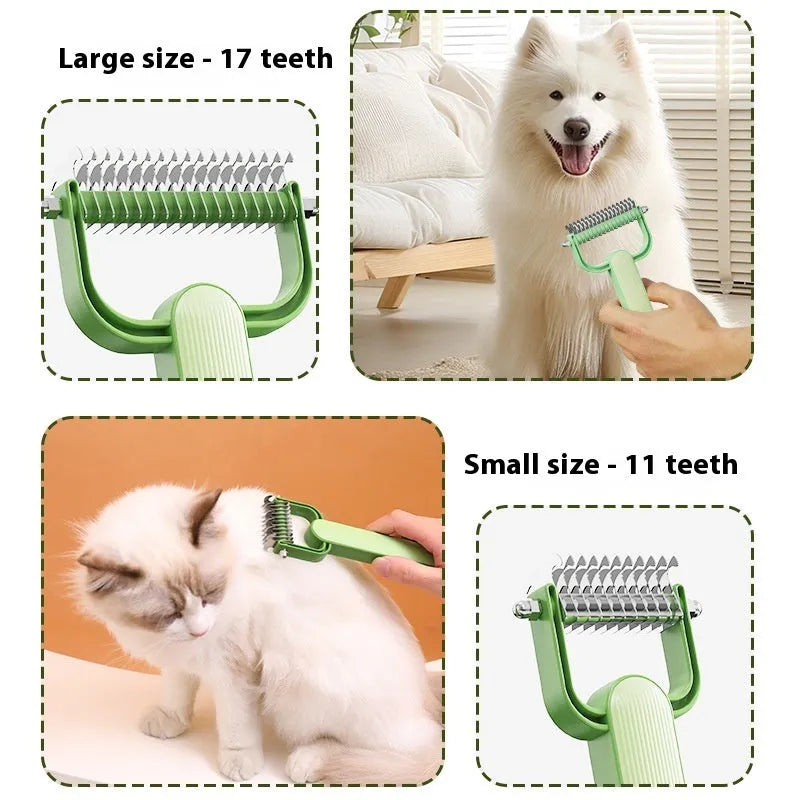 Green and grey dog grooming comb with stainless steel teeth and plastic handle, shown in small and large sizes.