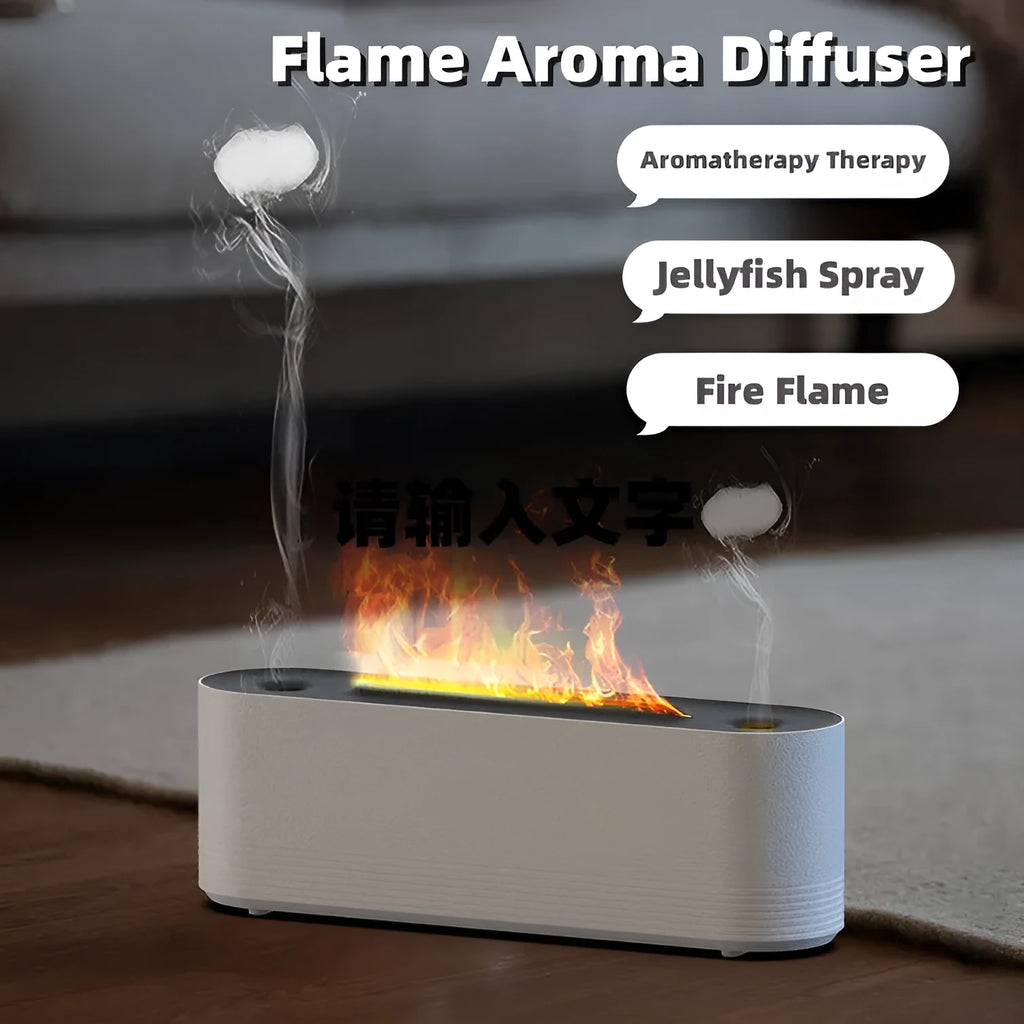 Flame air humidifier diffuser with LED lights showing flame effect, black colour, USB cable
