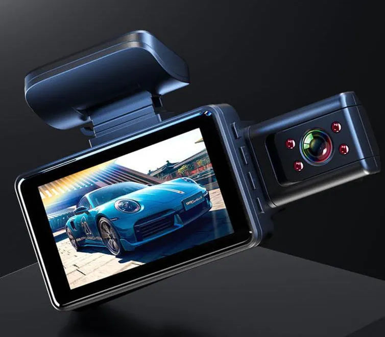 Front car driving recorder P with 3-inch screen mounted on a car windscreen.