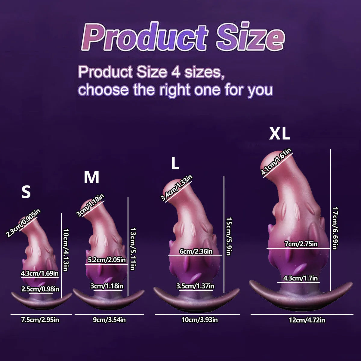 Unisex liquid silicone adult masturbator toy in black, gold, or purple colour, shown with S, M, L, XL size options.