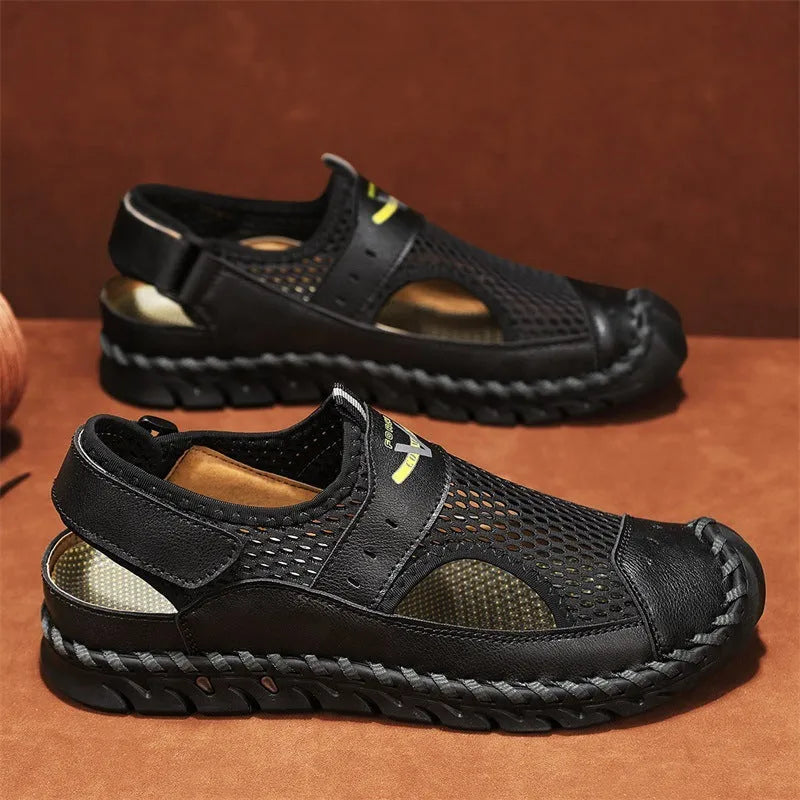 Men's brown genuine leather casual shoes with mesh breathable panels and elastic band design