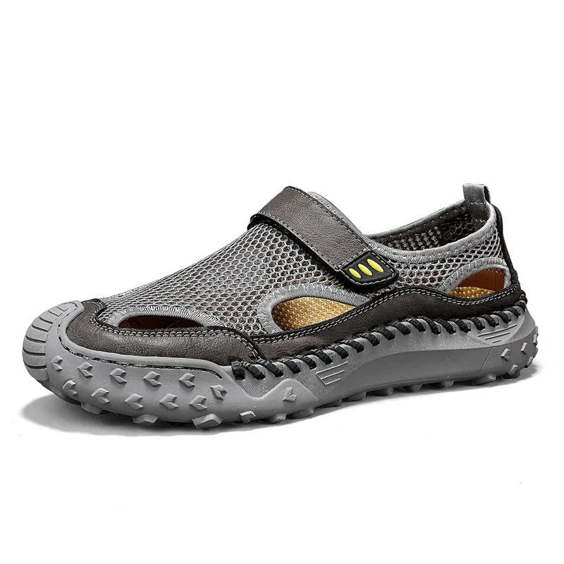 Men's casual sandals with breathable mesh upper and Velcro strap in black, brown, and grey.