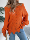 Hollow-out long-sleeved cut off-the-shoulder pullover sweater in artificial wool fabric
