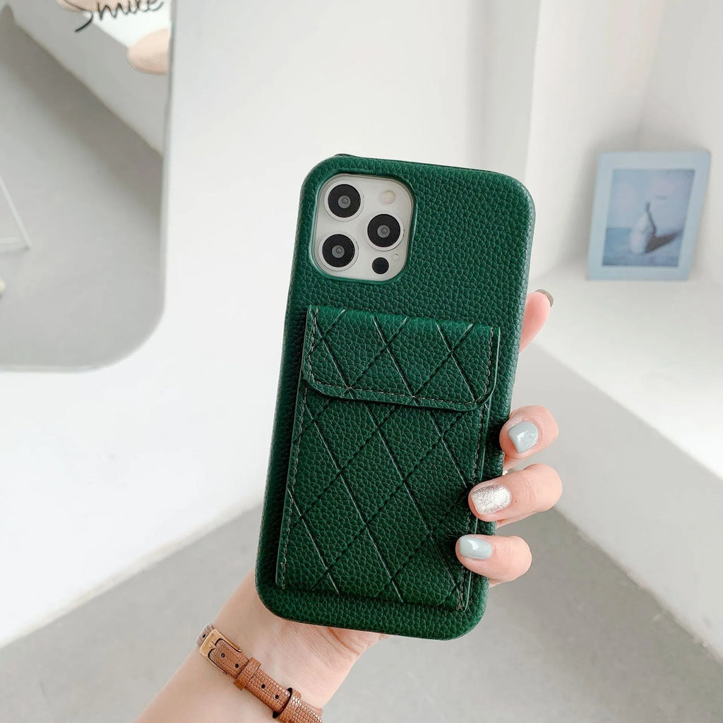 Tide Brand black imitation leather phone case with card slot for iPhone 12 Pro Max.
