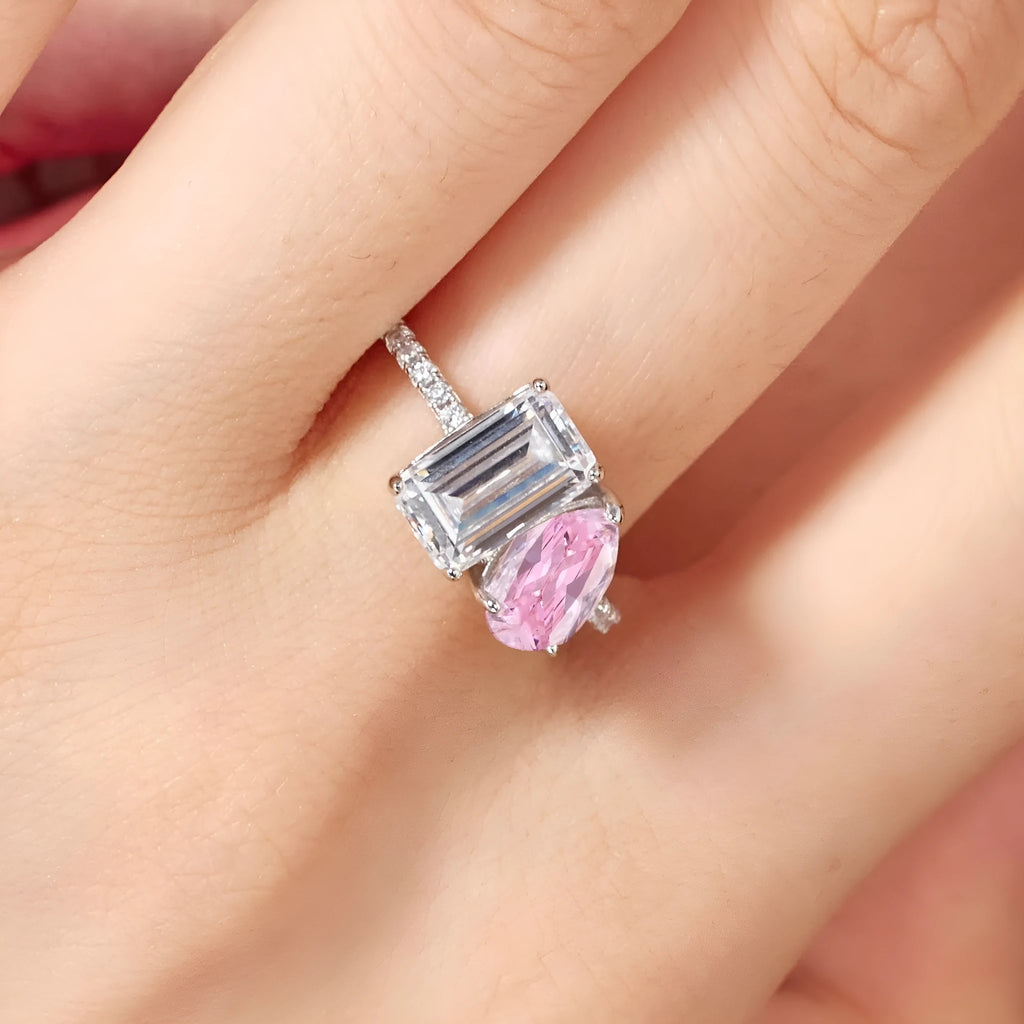 925 sterling silver double main stone geometric ring for women silver finish