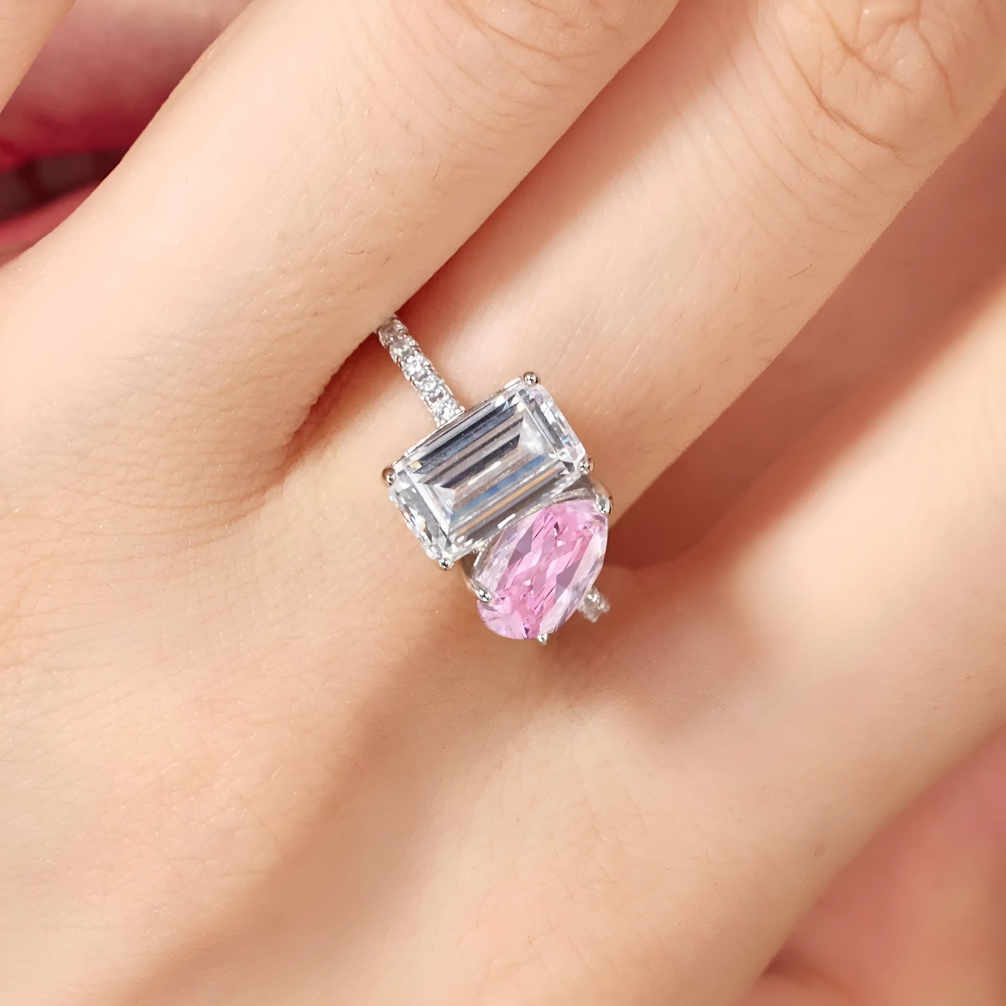 925 sterling silver double main stone geometric ring for women silver finish