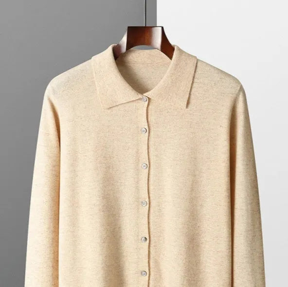 Men's solid colour collar button long sleeve cardigan inner shirt in beige, regular fit