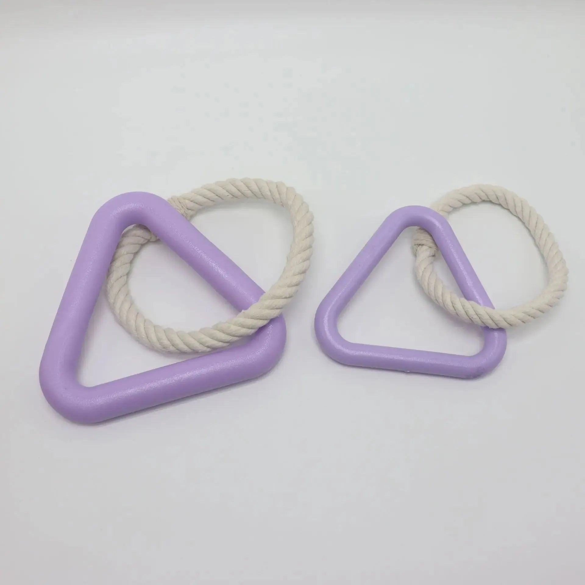 Large triangular pull ring dog toy with twisted cotton rope in beige, pink, or purple.