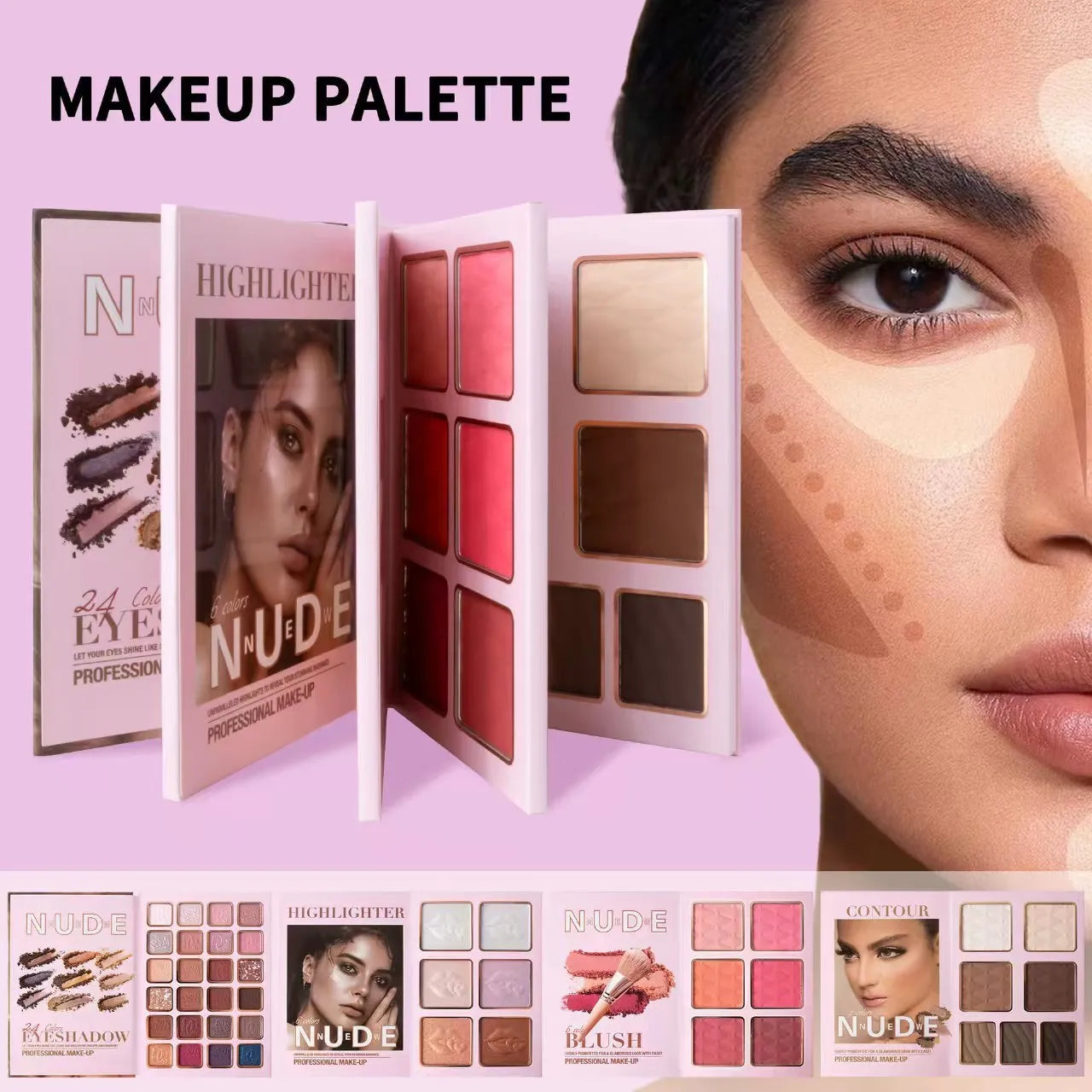 Multifunctional makeup palette open to show matte and shimmer eye shadows, blush, and highlighter pans in colour U137A.