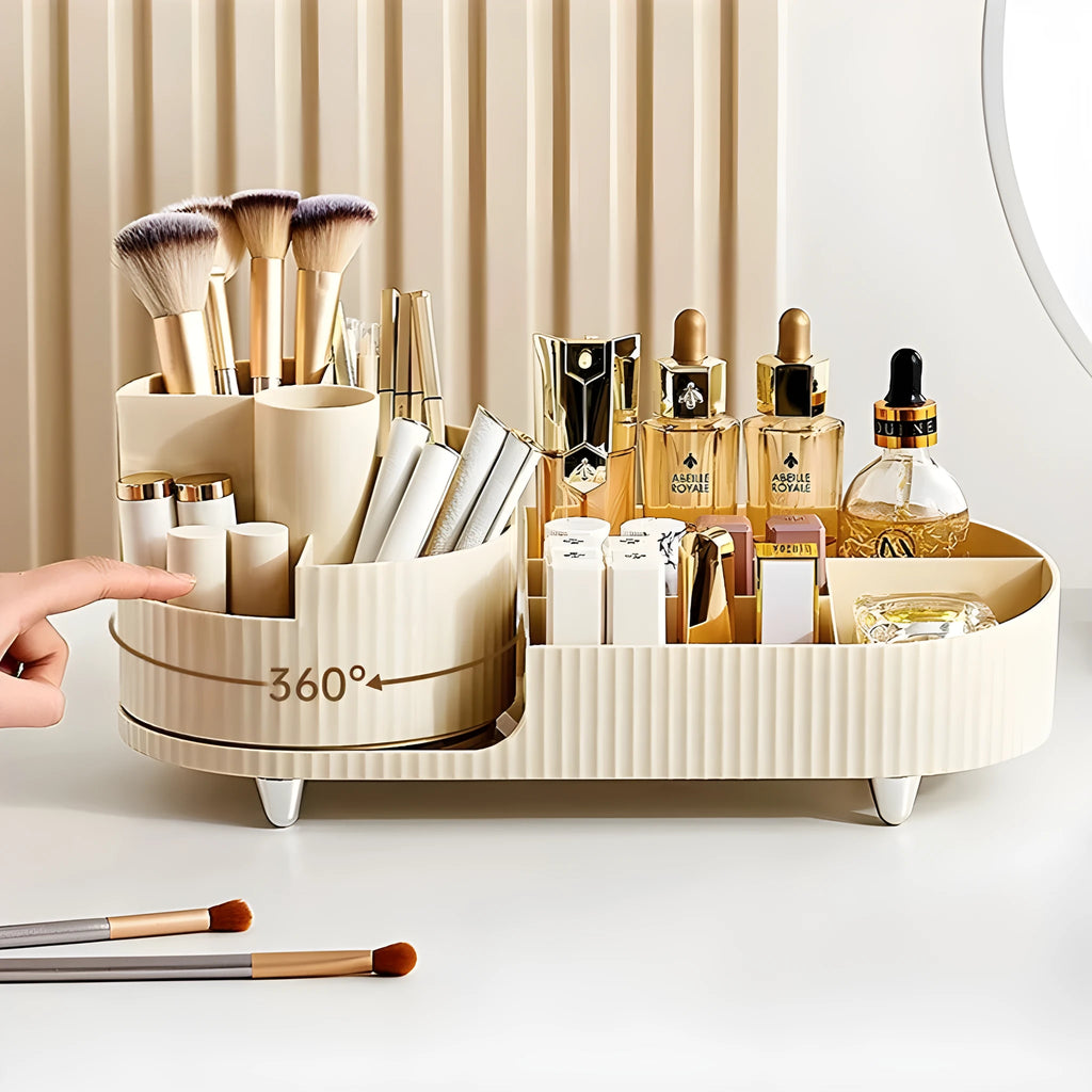 Rotating cosmetics storage box with makeup brushes and lipsticks organised on dresser table
