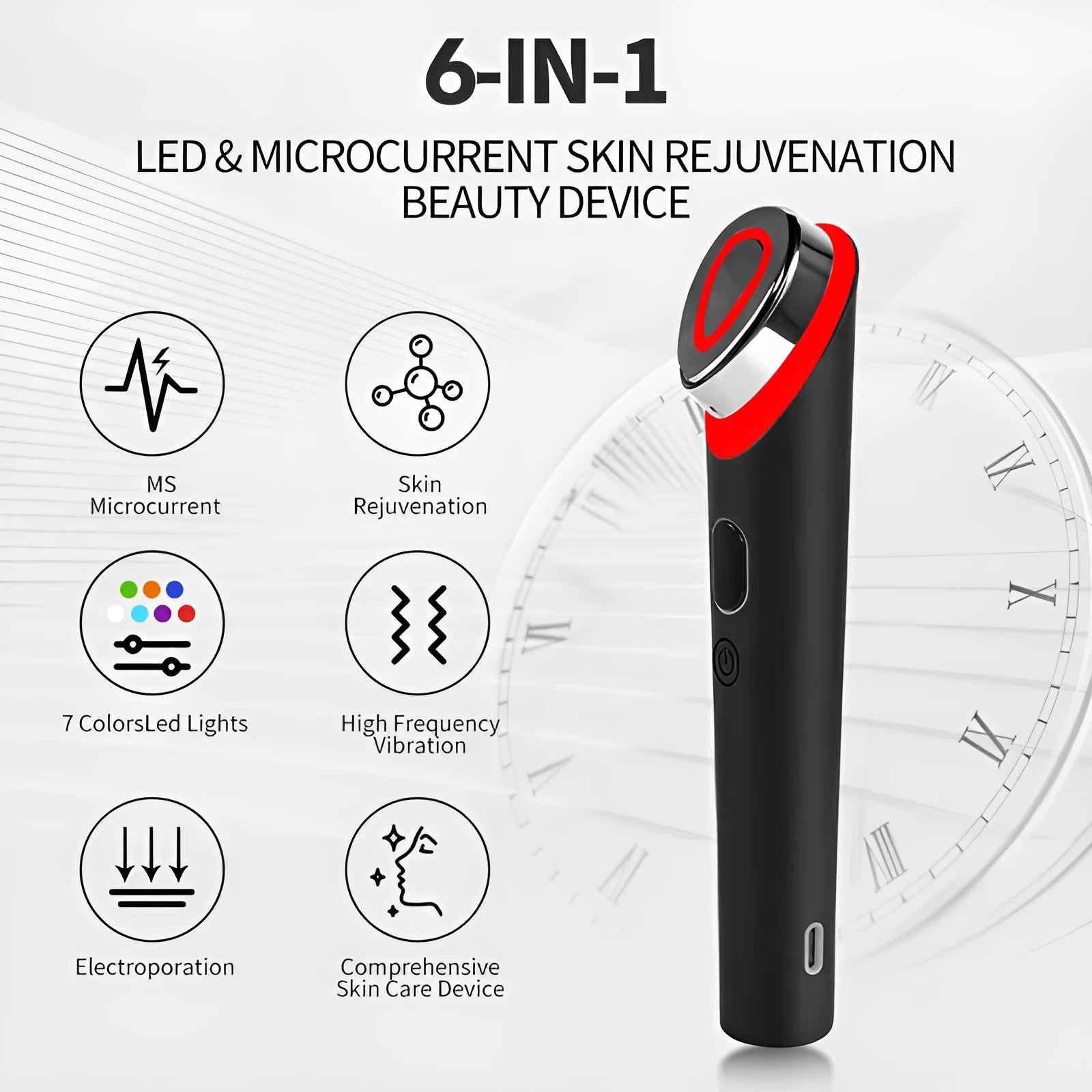 Black portable eye massager unit with light therapy and vibration functions on a neutral background.