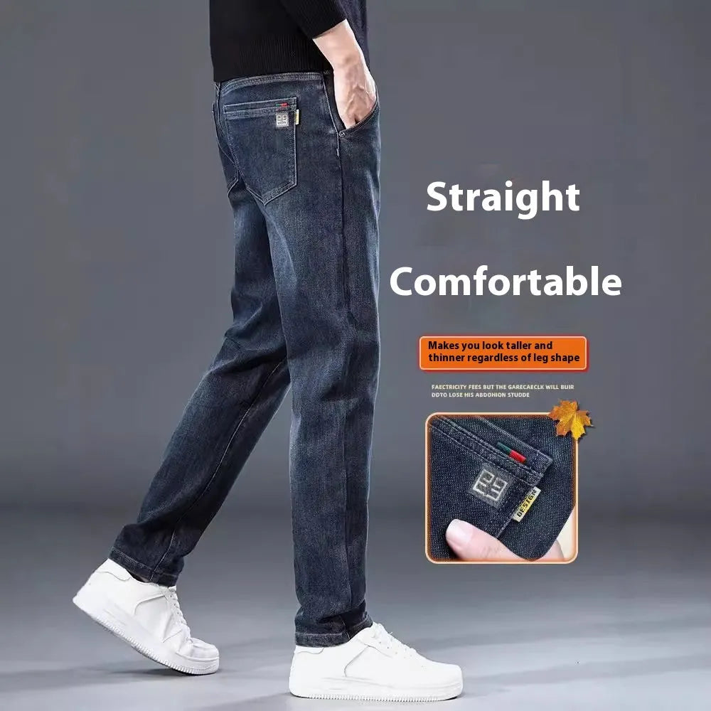 Men's slim straight casual trousers in blue grey and black colours, showing mid-waist and zipper fly detail.