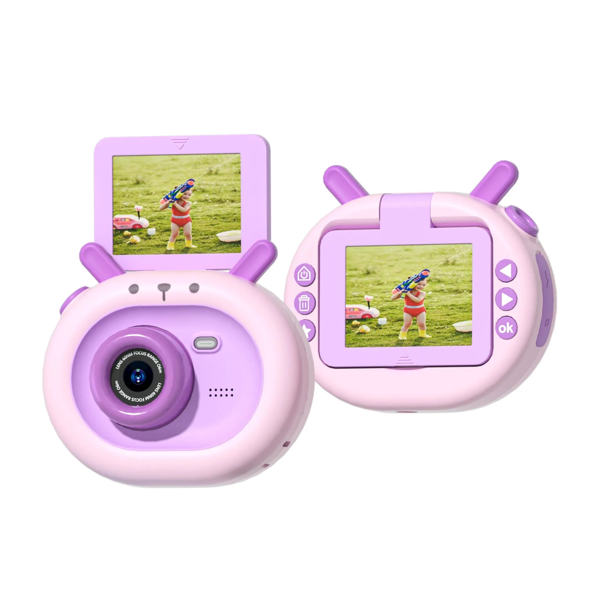 Purple and dark green children's digital camera with flip screen, silicone case, and lanyard.
