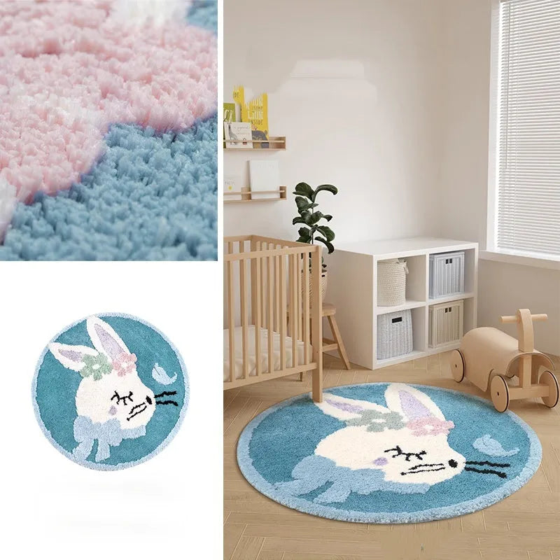 Round rabbit carpet for children's room in polyester, available in 80cm, 100cm or 150cm diameter