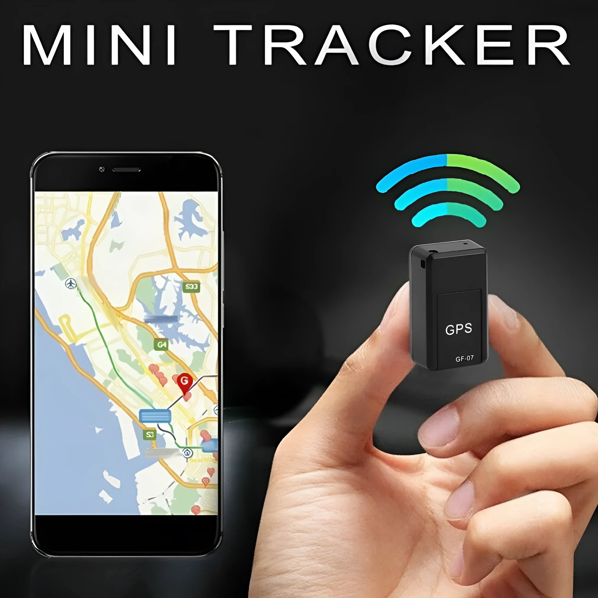 Small black magnetic GPS tracker device with USB cable for real-time vehicle and asset tracking.