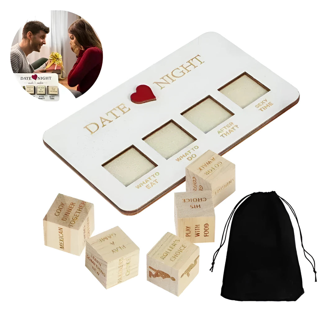 Wooden date night dice set showing five dice, planner board and black storage bag for couples