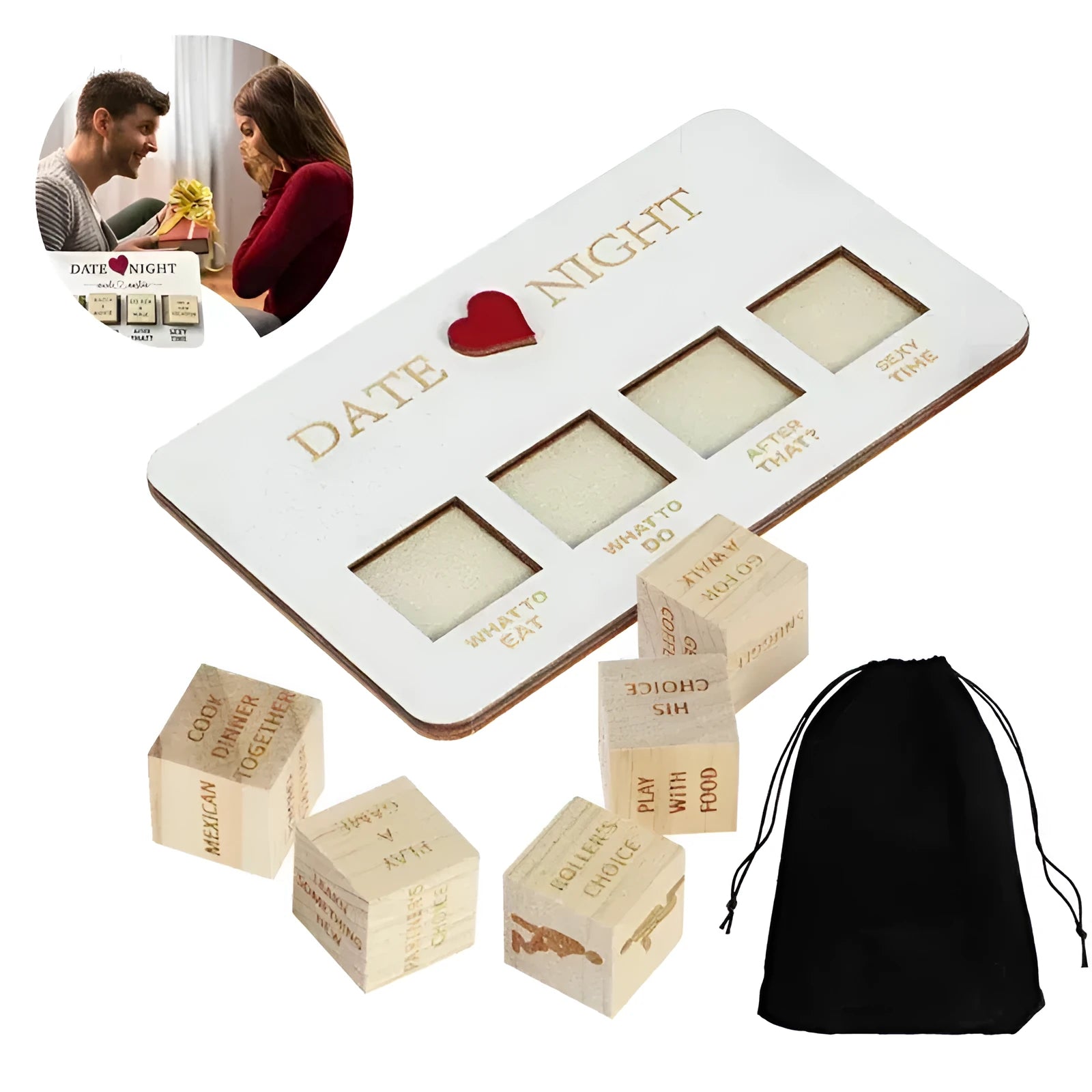 Wooden date night dice set showing five dice, planner board and black storage bag for couples