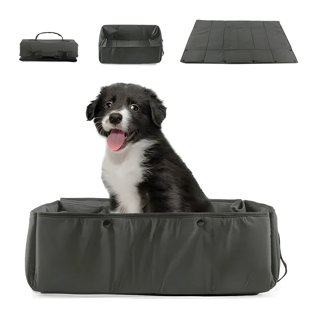 Portable 3-in-1 dog travel bed in black, collapsible with water resistant outer shell for small dogs