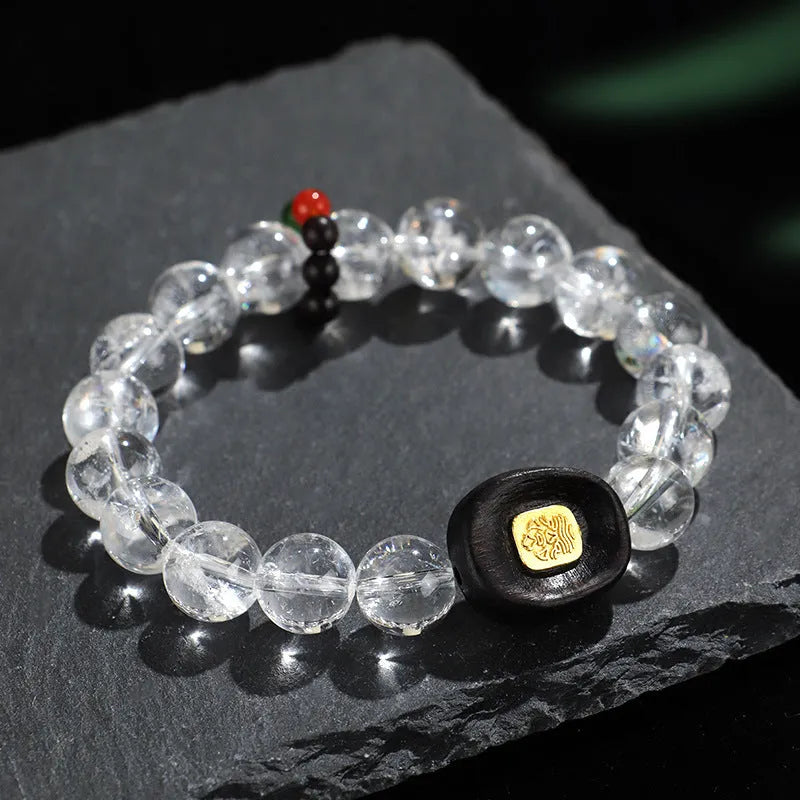 Natural white crystal ebony five warp bracelet showing handmade ethnic design with wood and crystal materials
