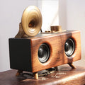 B6 wireless Bluetooth speaker with imitation wood cabinet in dark brown colour, showing front speaker grille and control panel