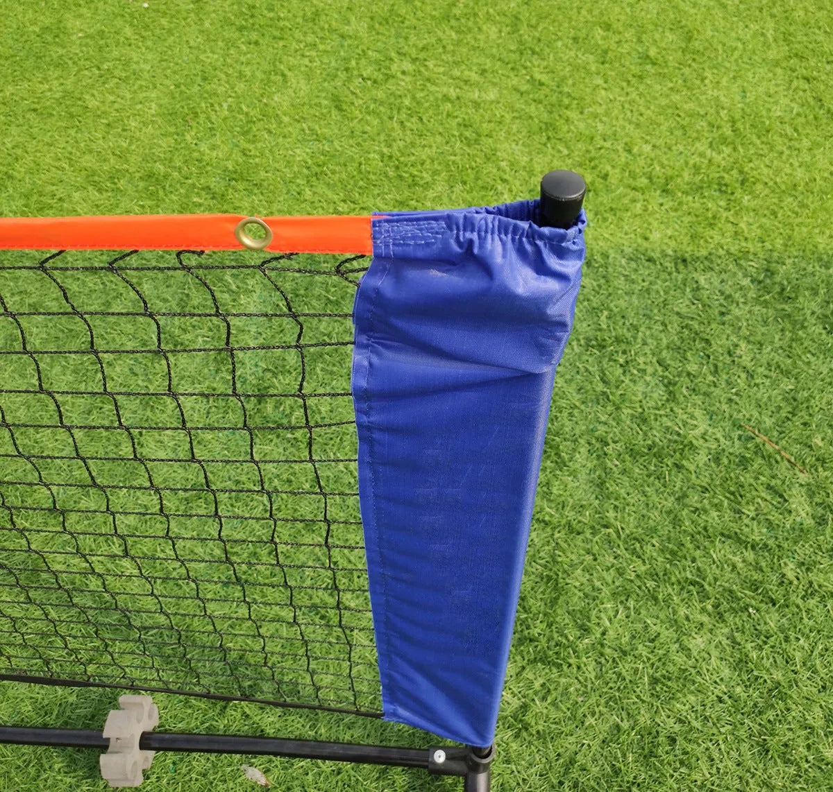Portable folding badminton bracket support frame and net in four available sizes.