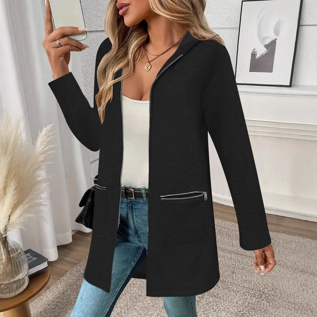 Women's loose grey cardigan coat with pockets and regular sleeves