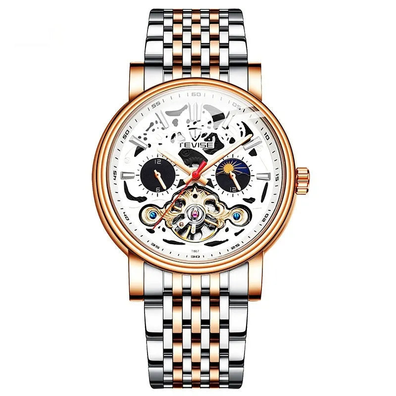 Men's tourbillon mechanical watch with skeleton dial and luminous markers on stainless steel bracelet