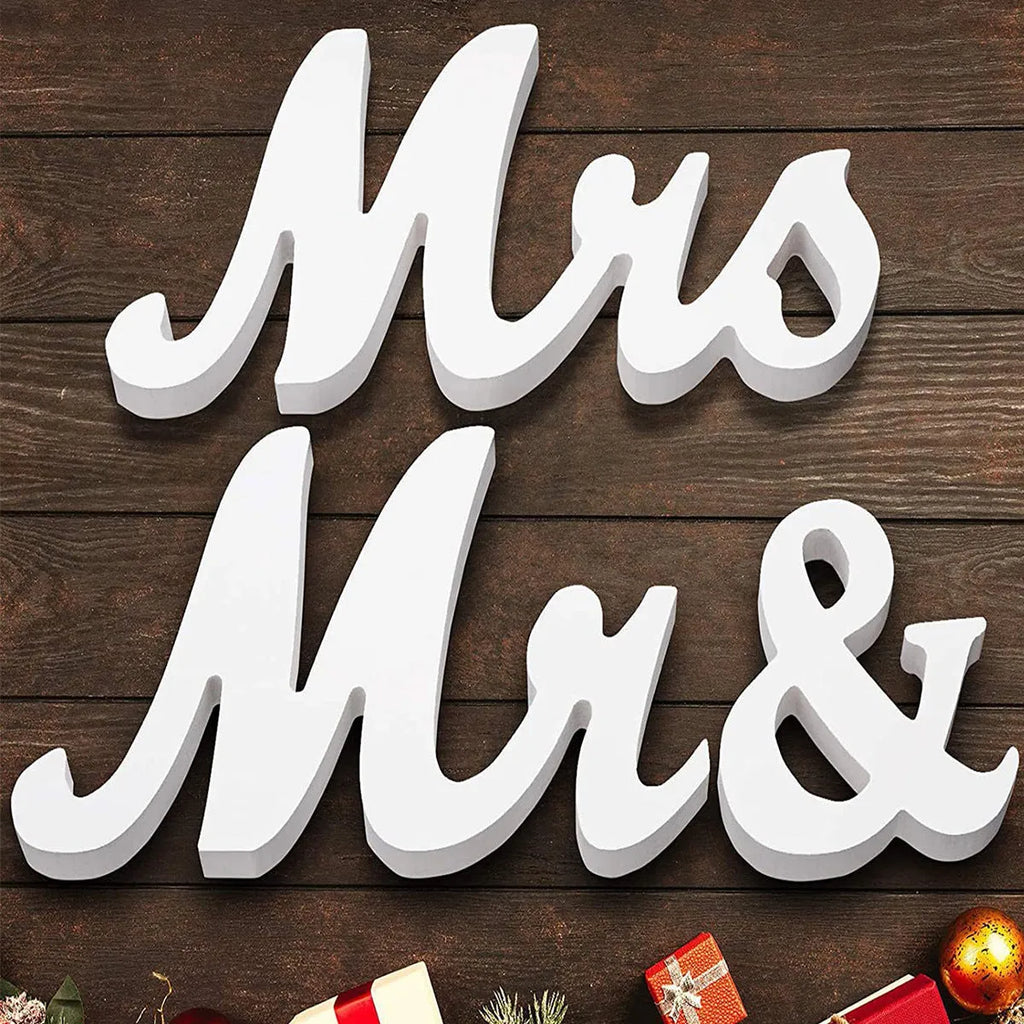 White wooden MR MRS decoration with creative English letters on density plate