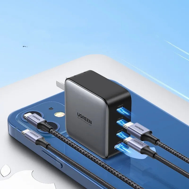 Compact 100W gallium nitride fast charger with Type-C port and included cable on a white background.