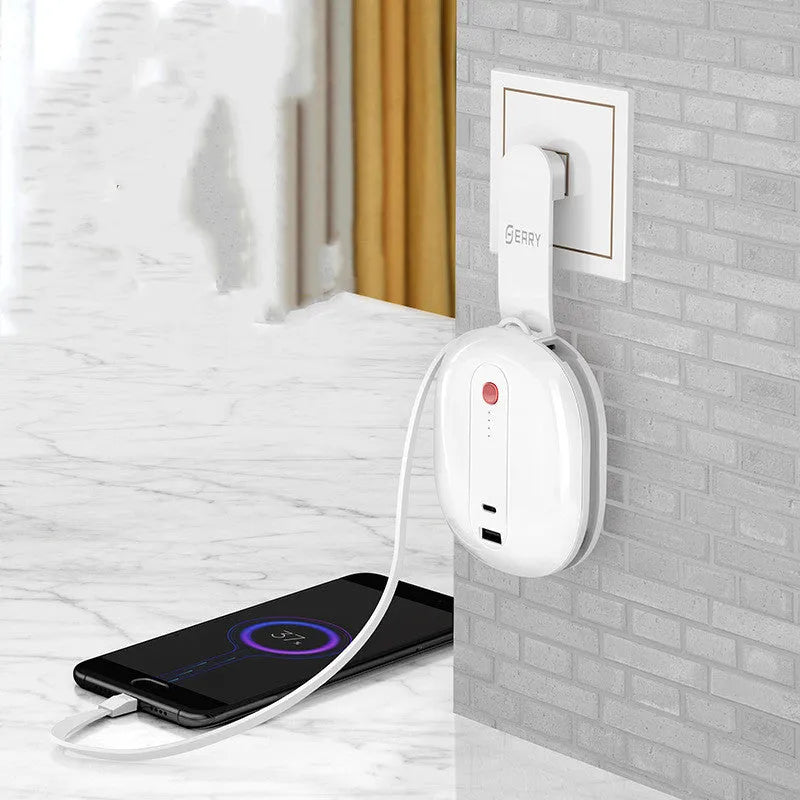 White two-in-one power bank with AC plug showing 10000mAh capacity and compact dimensions