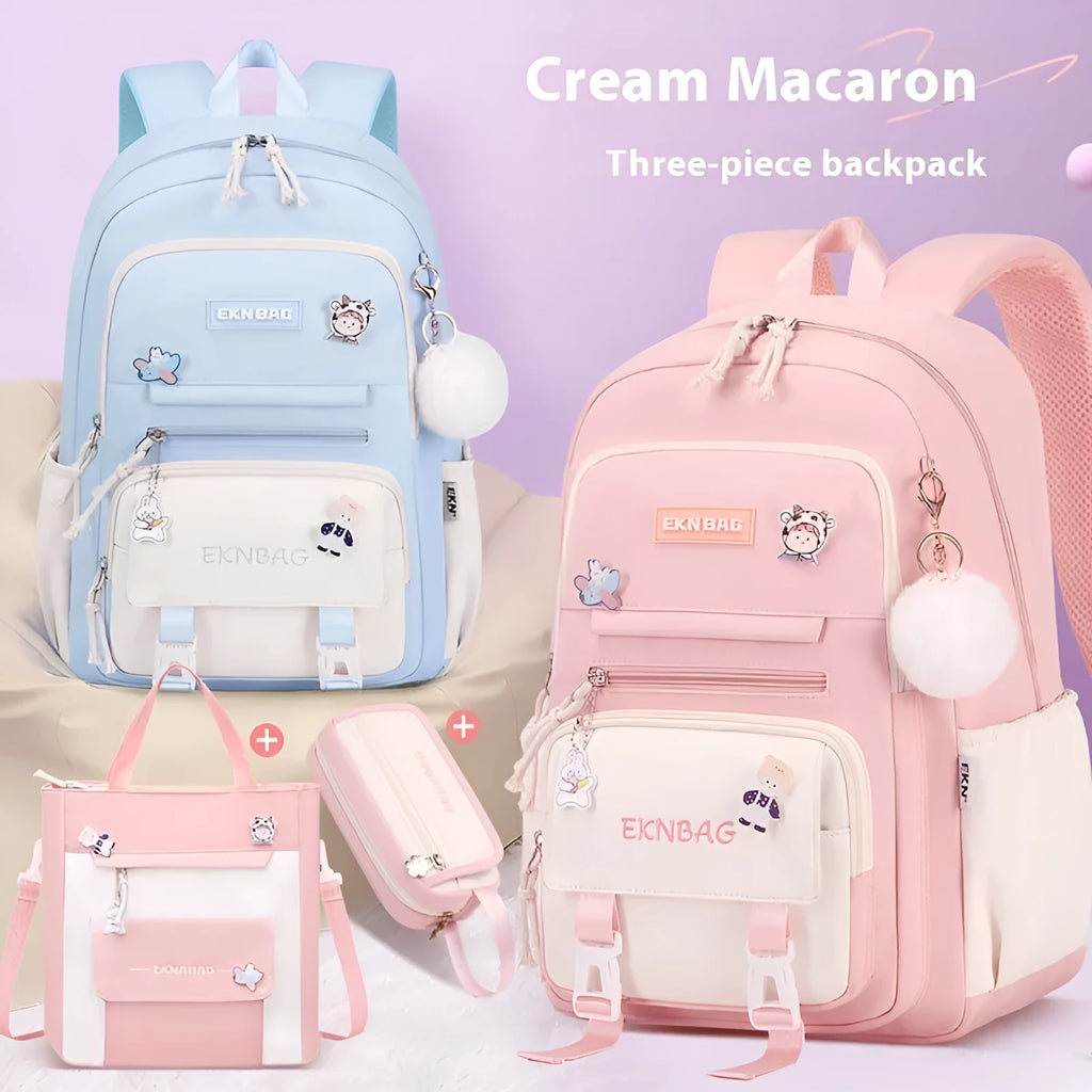 Waterproof girls school backpack in Oxford cloth with childlike cute design and curved shoulder straps