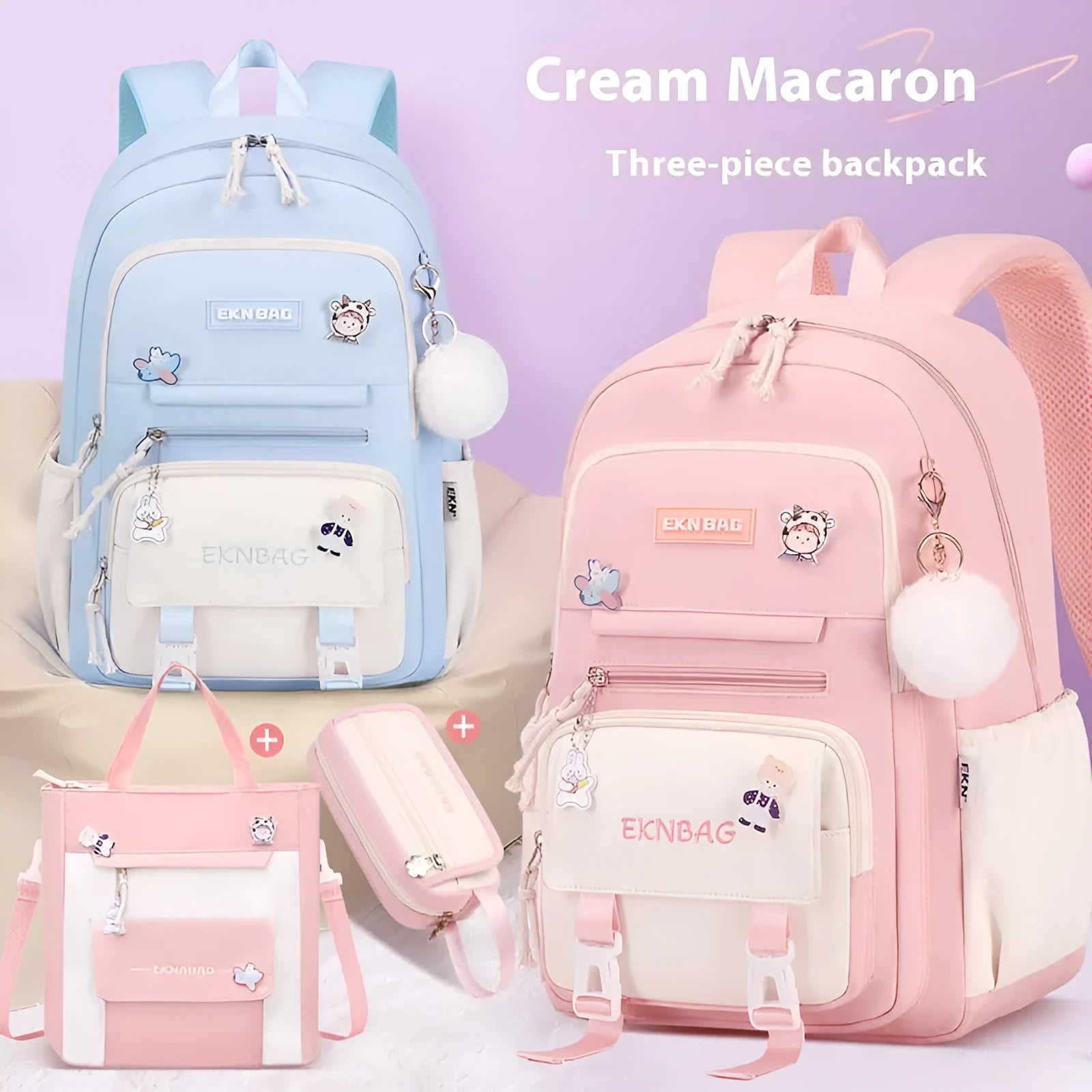 Waterproof girls school backpack in Oxford cloth with childlike cute design and curved shoulder straps