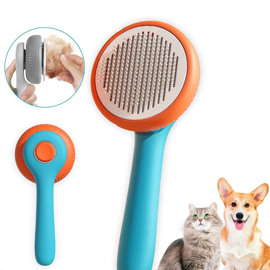 Blue and white self-cleaning pet grooming brush with massage slicker comb for cats and dogs.