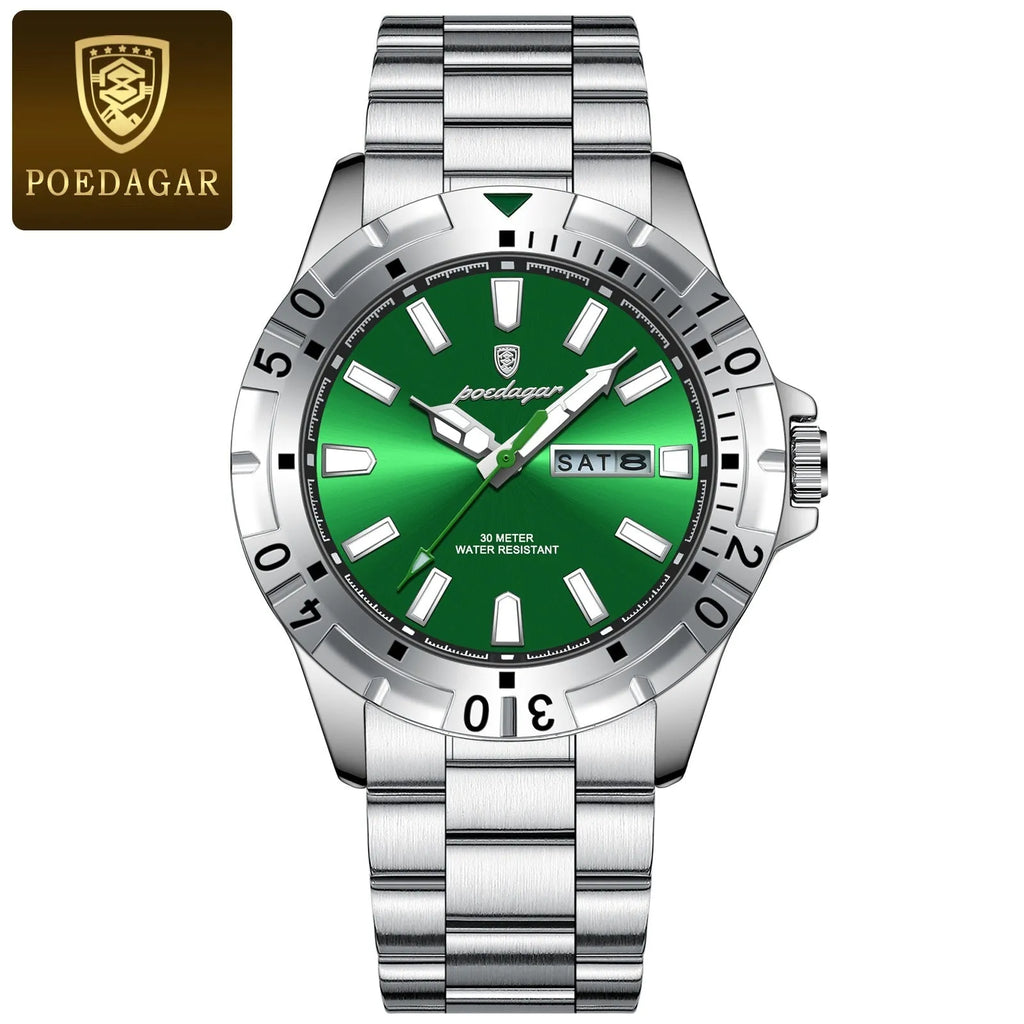 Swiss waterproof men's luminous watch with steel bracelet in gold, silver or black case options