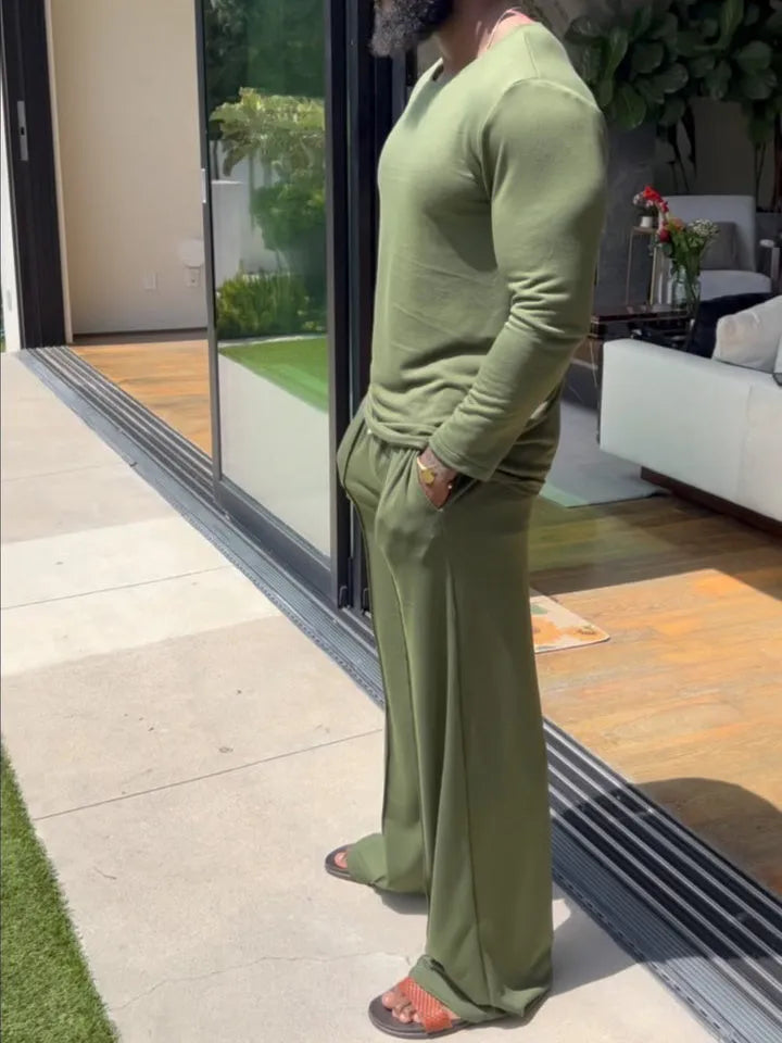 Men's green polyester casual set with long sleeve top and full-length trousers