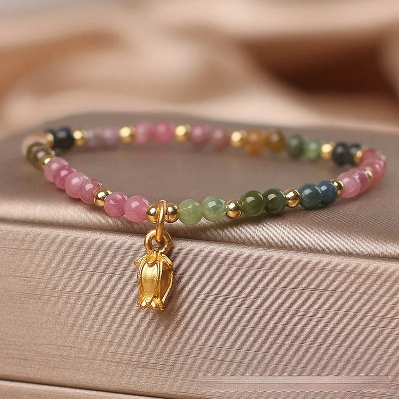 Natural tourmaline beaded anklet with flower design, adjustable chain with secure clasp